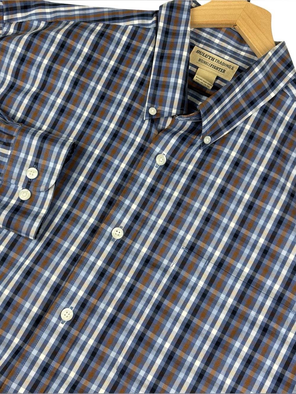 Duluth Trading Co Shirt Mens XLT Tall Blue‎ Brown Plaid Wrinkle Fighter Relaxed